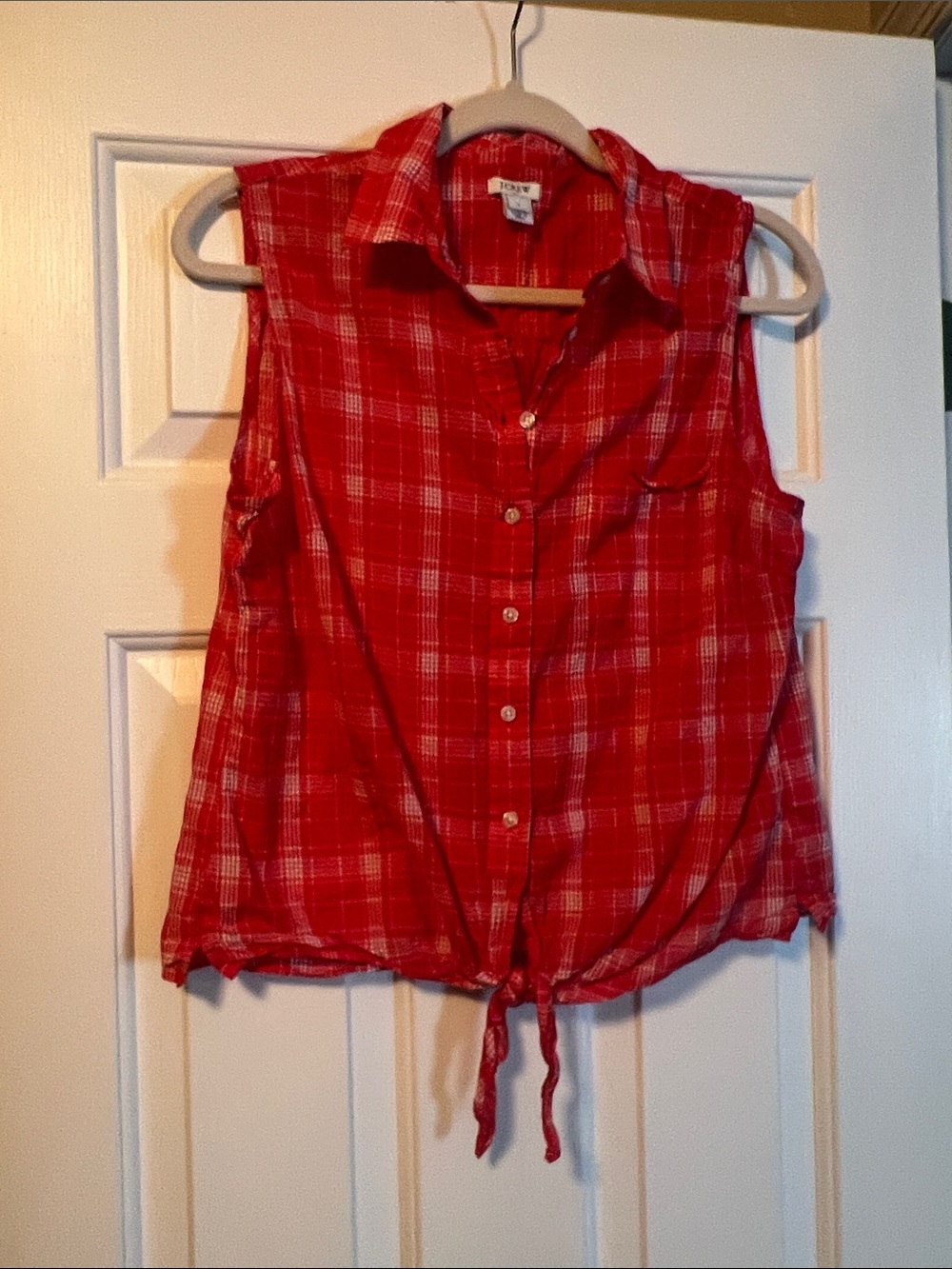 J. Crew Red Plaid Sleeveless Button-Front Tie Hem Shirt